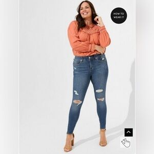 Torrid Cotton Lace Trim Yoke Blouson Sleeve Top - Apricot Brandy